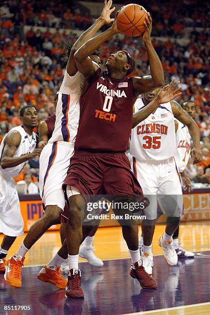 Jeff Allen of the Virginia Tech Hokies gets around in the post for this layup against the Clemson Tigers at Littlejohn Coliseum on February 25, 2009...