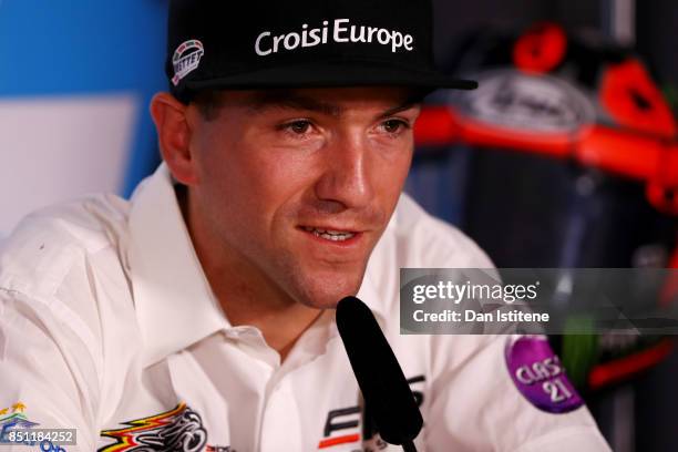 Xavier Simeon of Belgium speaks at a press conference after confirming he will join the Reale Avintia Ducati team for the 2018 season during previews...