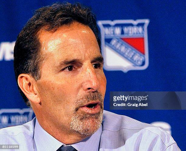 Head coach John Tortorella of the New York Rangers speaks to the media during a post game press conference after a loss to the Toronto Maple Leafs at...