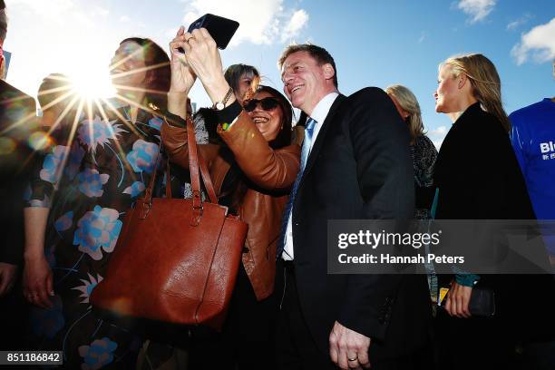 National Party leader Bill English arrives at the Viaduct Harbour on September 22, 2017 in Auckland, New Zealand. Voters head to the polls on...