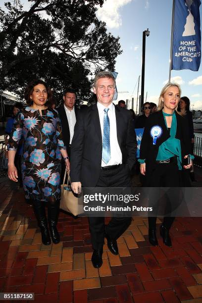 Mary English, National Party leader Bill English and MP NIkki Kaye walk around Viaduct Harbour on September 22, 2017 in Auckland, New Zealand. Voters...
