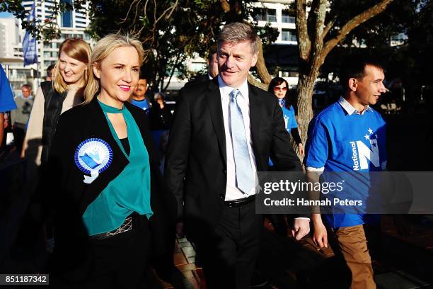 National Party leader Bill English and MP NIkki Kaye walk around Viaduct Harbour on September 22, 2017 in Auckland, New Zealand. Voters head to the...