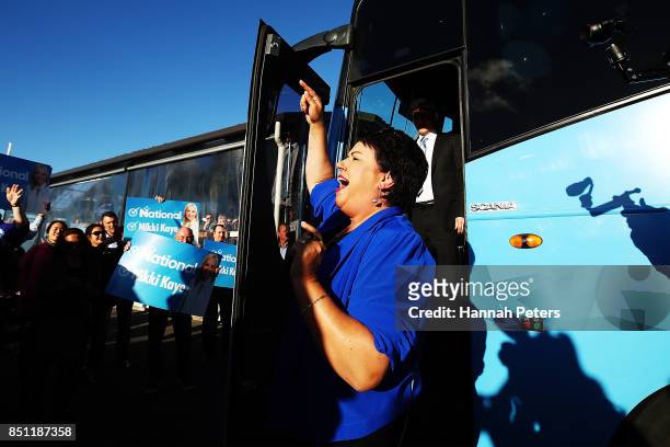 National Party deputy leader Paula Bennett introduces leader Bill English on September 22, 2017 in Auckland, New Zealand. Voters head to the polls on...