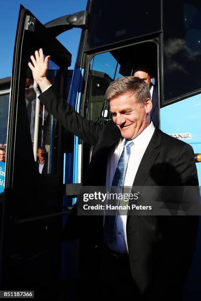 National Party leader Bill English arrives at the Viaduct Harbour on September 22, 2017 in Auckland, New Zealand. Voters head to the polls on...