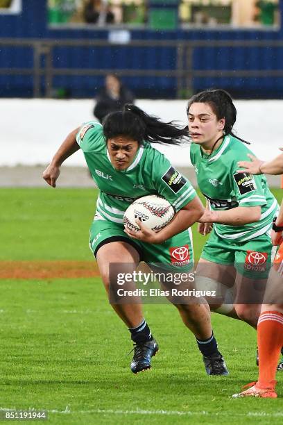 Whanda Leota of Manawatu charges forward during the round four Farah Palmer Cup match between Manawatu and Waikato at Central Energy Trust Stadium on...