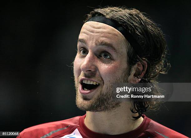 Goalkeeper Silvio Heinevetter of Magdeburg reacts during the Toyota Handball Bundesliga match between SC Magdeburg and HSV Hamburg at the Boerdeland...