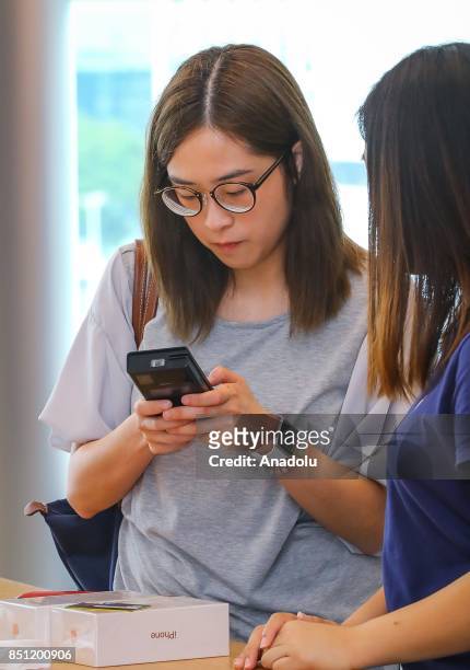 Customers are seen at the Apple store on September 22, 2017 in Hong Kong, China. Apple's iPhone 8 and iPhone 8 Plus went on sale in China today.