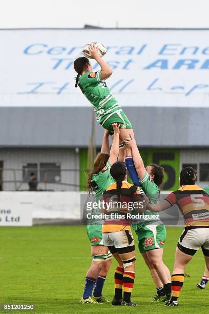 Nicole Dickins of Manawatu claims the lineout ball during the round four Farah Palmer Cup match between Manawatu and Waikato at Central Energy Trust...