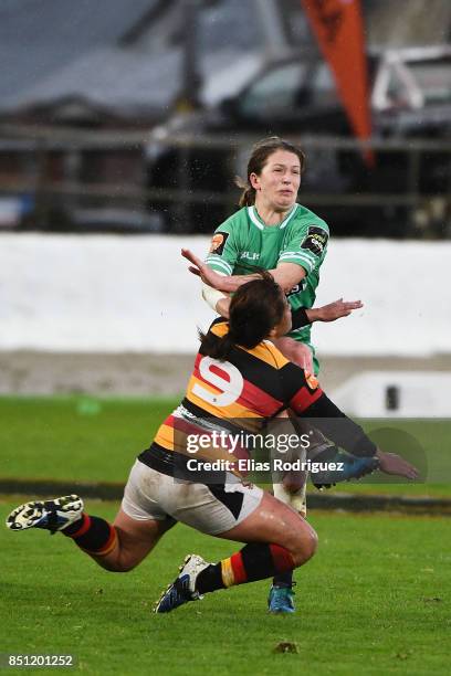 Teirea Te Aho of Waikato tackles Lizzie Goulden of Manawatu during the round four Farah Palmer Cup match between Manawatu and Waikato at Central...
