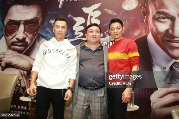 Actor Donnie Yen, director Jing Wong and actor Andy Lau attend 'Chasing The Dragon' press conference on September 21, 2017 in Shanghai, China.