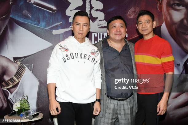 Actor Donnie Yen, director Jing Wong and actor Andy Lau attend 'Chasing The Dragon' press conference on September 21, 2017 in Shanghai, China.