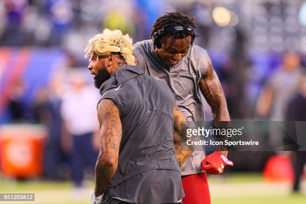 New York Giants wide receiver Brandon Marshall and New York Giants wide receiver Odell Beckham prior to the National Football League game between the...