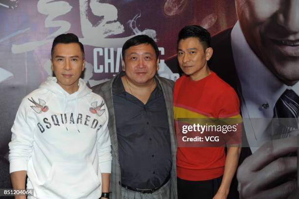 Actor Donnie Yen, director Jing Wong and actor Andy Lau attend 'Chasing The Dragon' press conference on September 21, 2017 in Shanghai, China.