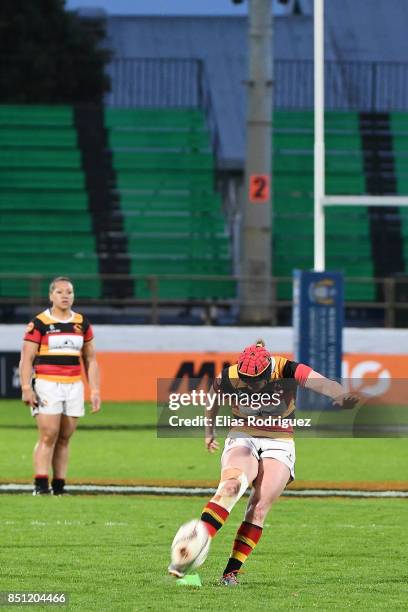 Ariana Bayler of Waikato kicks a penalty during the round four Farah Palmer Cup match between Manawatu and Waikato at Central Energy Trust Stadium on...