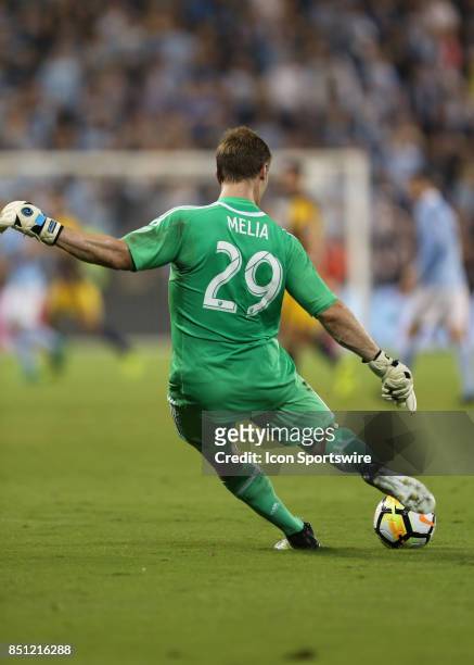Sporting Kansas City goalkeeper Tim Melia takes the goal kick in the first half of the Lamar Hunt US Open Cup final between the New York Red Bulls...