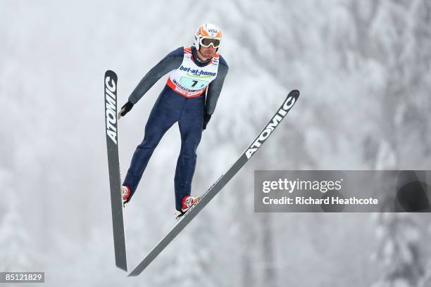 Johnny Spillane of the USA jumps during the HS134 Ski Jumping of the Nordic Combined Team event at FIS Nordic World Ski Championships on February 26,...