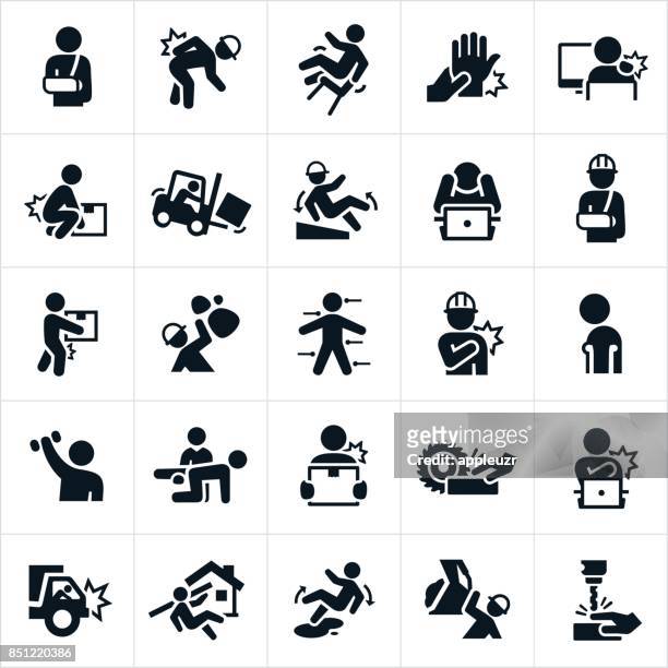 illustrazioni stock, clip art, cartoni animati e icone di tendenza di icone delle lesioni sul posto di lavoro - lavorare