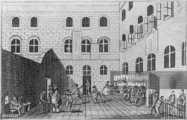 The debtors' exercise ground at Newgate Prison, London, 1809.