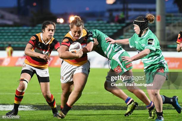 Toka Natua of Waikato tries to break through the defence during the round four Farah Palmer Cup match between Manawatu and Waikato at Central Energy...