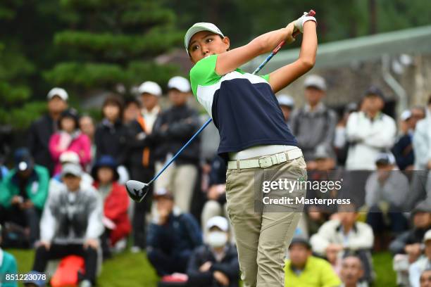 Mao Nozawa of Japan hits her tee shot on the 1st hole during the final round of the Chugoku Shimbun Choopi Ladies Cup at the Geinan Country Club on...