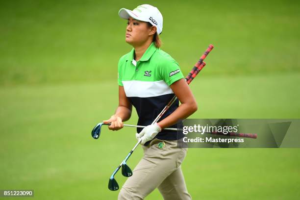 Mao Nozawa of Japan looks on during the final round of the Chugoku Shimbun Choopi Ladies Cup at the Geinan Country Club on September 22, 2017 in...