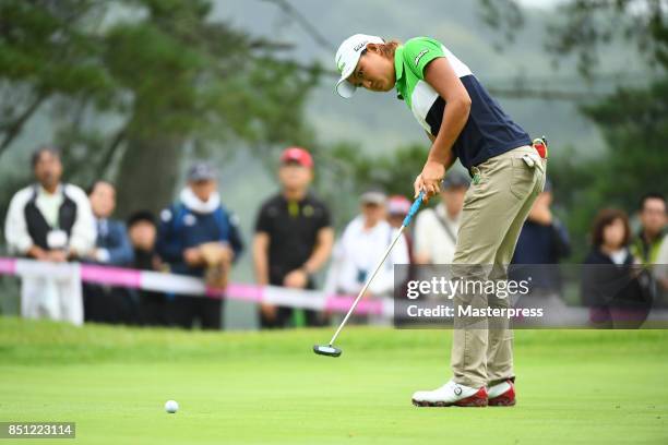 Mao Nozawa of Japan putts during the final round of the Chugoku Shimbun Choopi Ladies Cup at the Geinan Country Club on September 22, 2017 in...