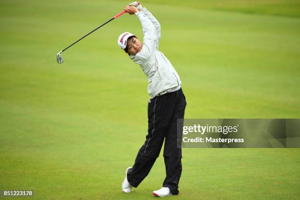 Ayano Nitta of Japan shots during the final round of the Chugoku Shimbun Choopi Ladies Cup at the Geinan Country Club on September 22, 2017 in...