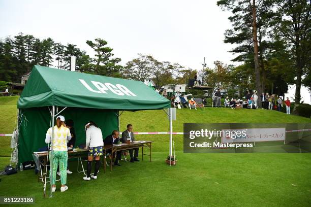 General view of the 1st tee during the final round of the Chugoku Shimbun Choopi Ladies Cup at the Geinan Country Club on September 22, 2017 in...