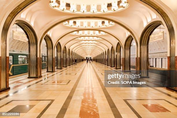 The main platforms at Mayakovskaya Metro Station in Moscow, Russia.