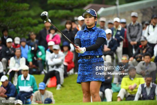 Asumi Teruyama of Japan looks on during the final round of the Chugoku Shimbun Choopi Ladies Cup at the Geinan Country Club on September 22, 2017 in...