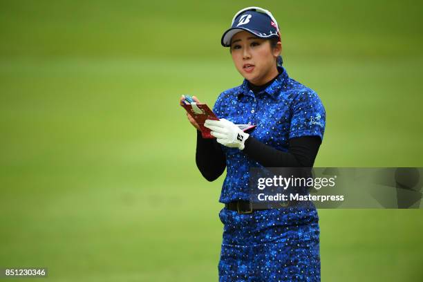 Asumi Teruyama of Japan looks on during the final round of the Chugoku Shimbun Choopi Ladies Cup at the Geinan Country Club on September 22, 2017 in...