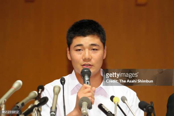 Kotaro Kiyomiya of Waseda Jitsugyo speaks during a press conference at Waseda Jitsugyo High School on September 22, 2017 in Kokubunji, Tokyo, Japan.