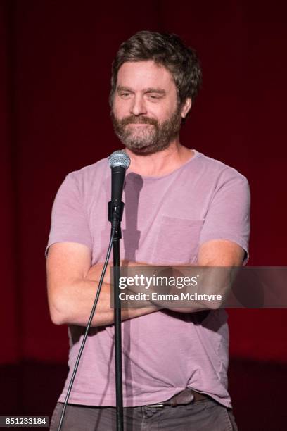 Actor Zach Galifianakis performs onstage at Beef Relief - a special benefit for the International Rescue Committee at Largo on September 21, 2017 in...