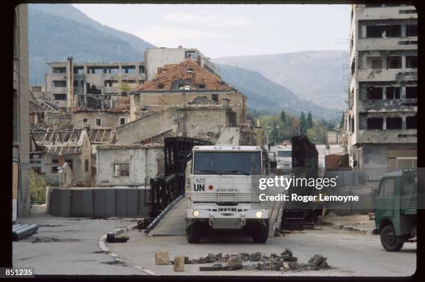 United Nations Protection Force truck crosses the Marsala Tito bridge December 1, 1994 in Mostar, Bosnia-Herzegovina. When Bosnia declared its...