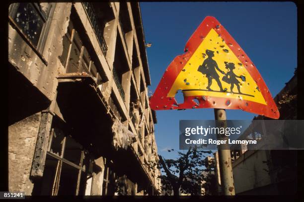 Bullet riddled sign stands December 1, 1994 in Mostar, Bosnia-Herzegovina. When Bosnia declared its independence in March of 1992, the Bosnian Serbs...