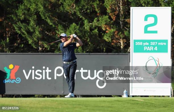 Steve Webster of England tees off on the 2nd hole during day two of the Portugal Masters at Dom Pedro Victoria Golf Club on September 22, 2017 in...