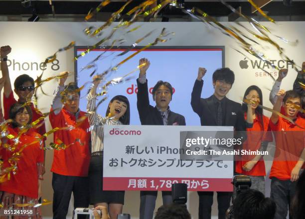 Japanese comedian Blouson Chiemi, NTT Docomo Inc. President Kazuhiro Yoshizawa and actor Go Ayano attend the iPhone 8 launching event on September...