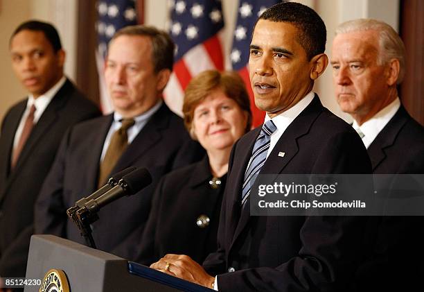 President Barack Obama delivers remarks about his proposed Financial Year 2010 federal budget outline with Office of Management and Budget Assistant...