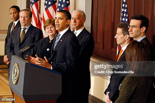 President Barack Obama delivers remarks about his proposed Financial Year 2010 federal budget outline with Office of Management and Budget Assistant...