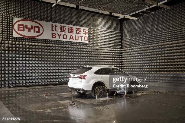 Vehicle sits in an electro-magnetic interference testing lab at the BYD Co. Headquarters in Shenzhen, China, on Thursday, Sept. 21, 2017. China will...