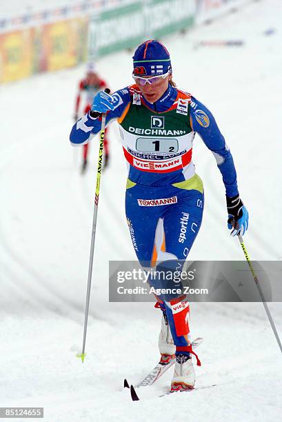 Virpi kuitunen of Finland takes 1st place during the FIS Nordic World Ski Championships Cross Country Ladies Mass Start Relay 4x5 KM event on...