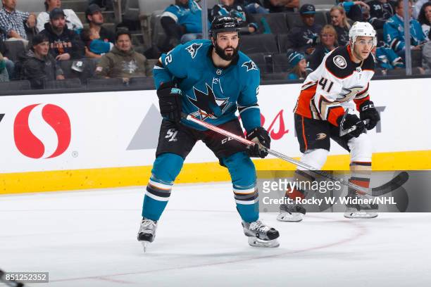 Brandon Bollig of the San Jose Sharks skates against Corey Tropp of the Anaheim Ducks at SAP Center on September 19, 2017 in San Jose, California.
