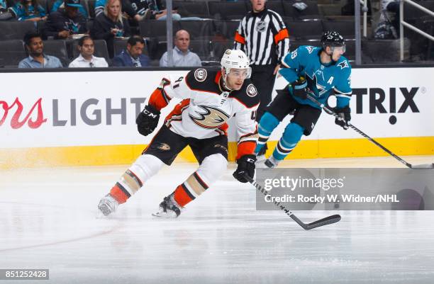 Corey Tropp of the Anaheim Ducks skates against the San Jose Sharks at SAP Center on September 19, 2017 in San Jose, California.