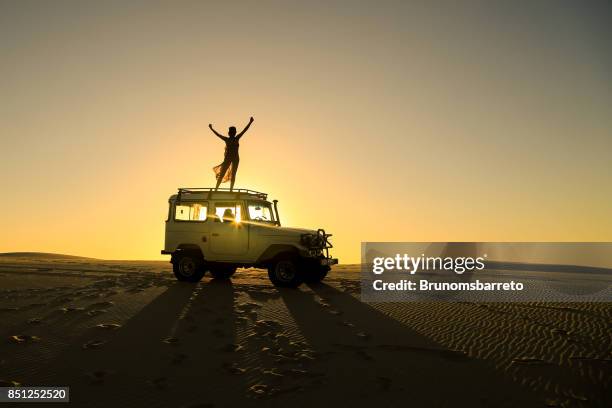 femme célèbre sur le dessus de voiture offroad - sunset road photos et images de collection