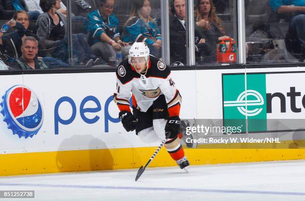 Corey Tropp of the Anaheim Ducks skates against the San Jose Sharks at SAP Center on September 19, 2017 in San Jose, California.