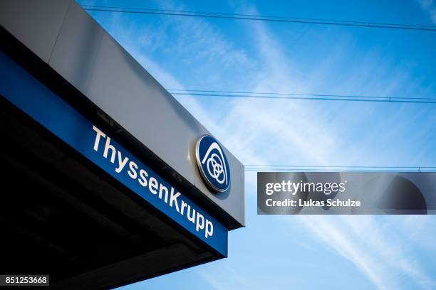 The logo of ThyssenKrupp is seen during a protest against the recently announced fusion of ThyssenKrupp with steelmaker Tata Steel on September 22,...