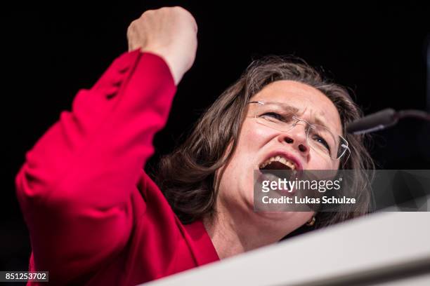 Minister of Work and Social Issues Andrea Nahles speaks during a protest against the recently announced fusion of ThyssenKrupp with steelmaker Tata...
