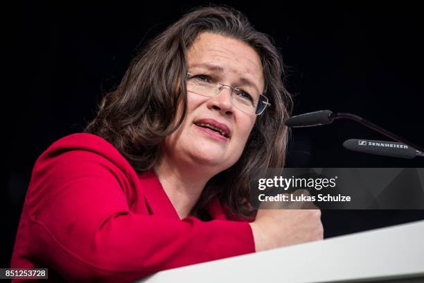 Minister of Work and Social Issues Andrea Nahles speaks during a protest against the recently announced fusion of ThyssenKrupp with steelmaker Tata...