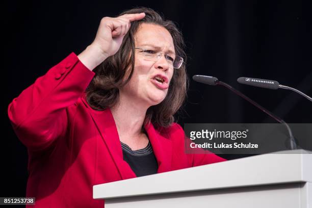 Minister of Work and Social Issues Andrea Nahles speaks during a protest against the recently announced fusion of ThyssenKrupp with steelmaker Tata...