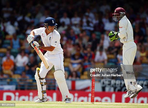 Alastair Cook of England causes Denesh Ramdin to take evasive action on day one of the 4th Test between The West Indies and England at The Kensington...